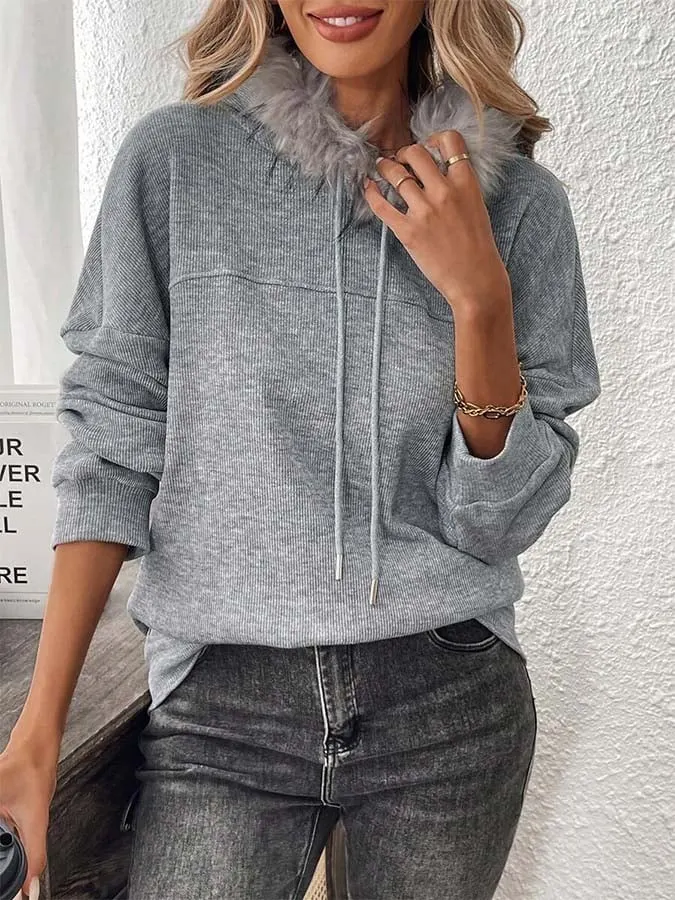 Women'S Casual Loose Solid Color Hooded Sweatshirt 