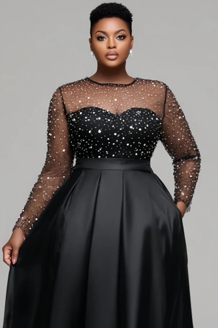 Xpluswear Design Plus Size Wedding Guest Satin Black Round Neck Long Sleeve See Through Elegant Pocket Tulle Midi Dresses [Pre-Order]