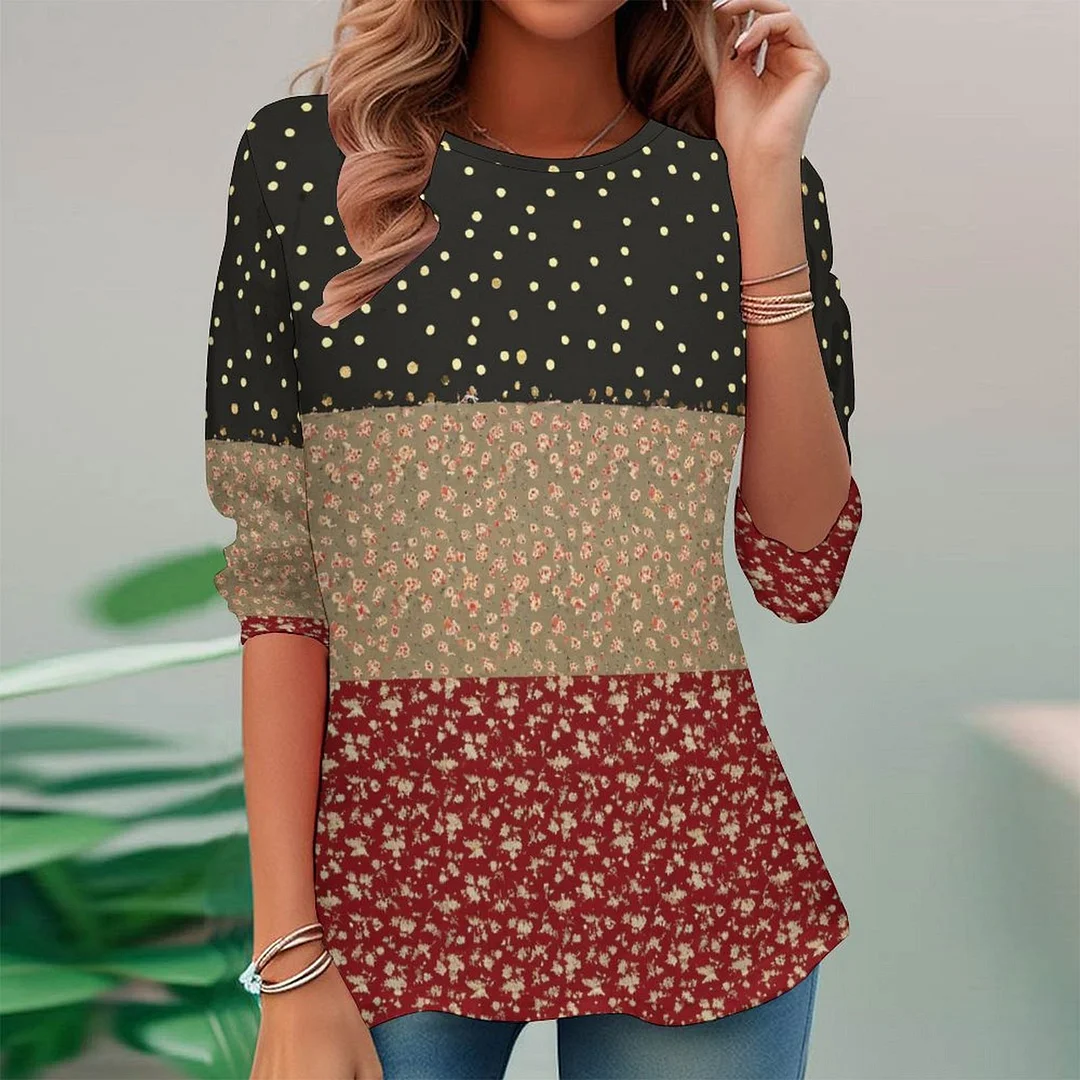 Vintage Printed Long Sleeve Plus Size Tunic for  Women and Men Unisex Pattern Floral,Polka Dot,Red,Light Coffe,Navy,Stitch