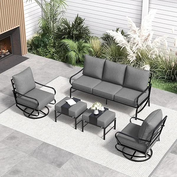 Metal Patio Furniture Set, Modern Outdoor Furniture Set,5 Piece Grey Outdoor Patio Furniture with 5.75" Extra Thick Cushion for Garden， Backyard（Include Waterproof Covers）