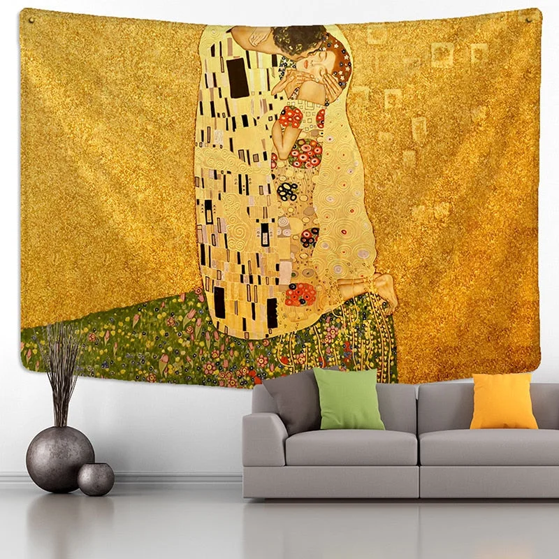 Gustav Klimt Oil Painting Tapestry Wall Hanging Kiss Of Gold Abstract Art Decoration Polyester Blanket Yoga Mat Home Bedroom Art