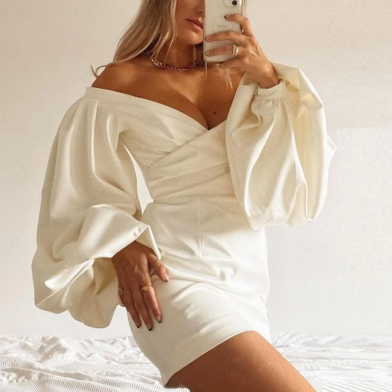 Abebey White Autumn Dress Women Off Shoulder Backless V Neck Latern Sleeves NightClub Dress Holiday Party Dress 2023