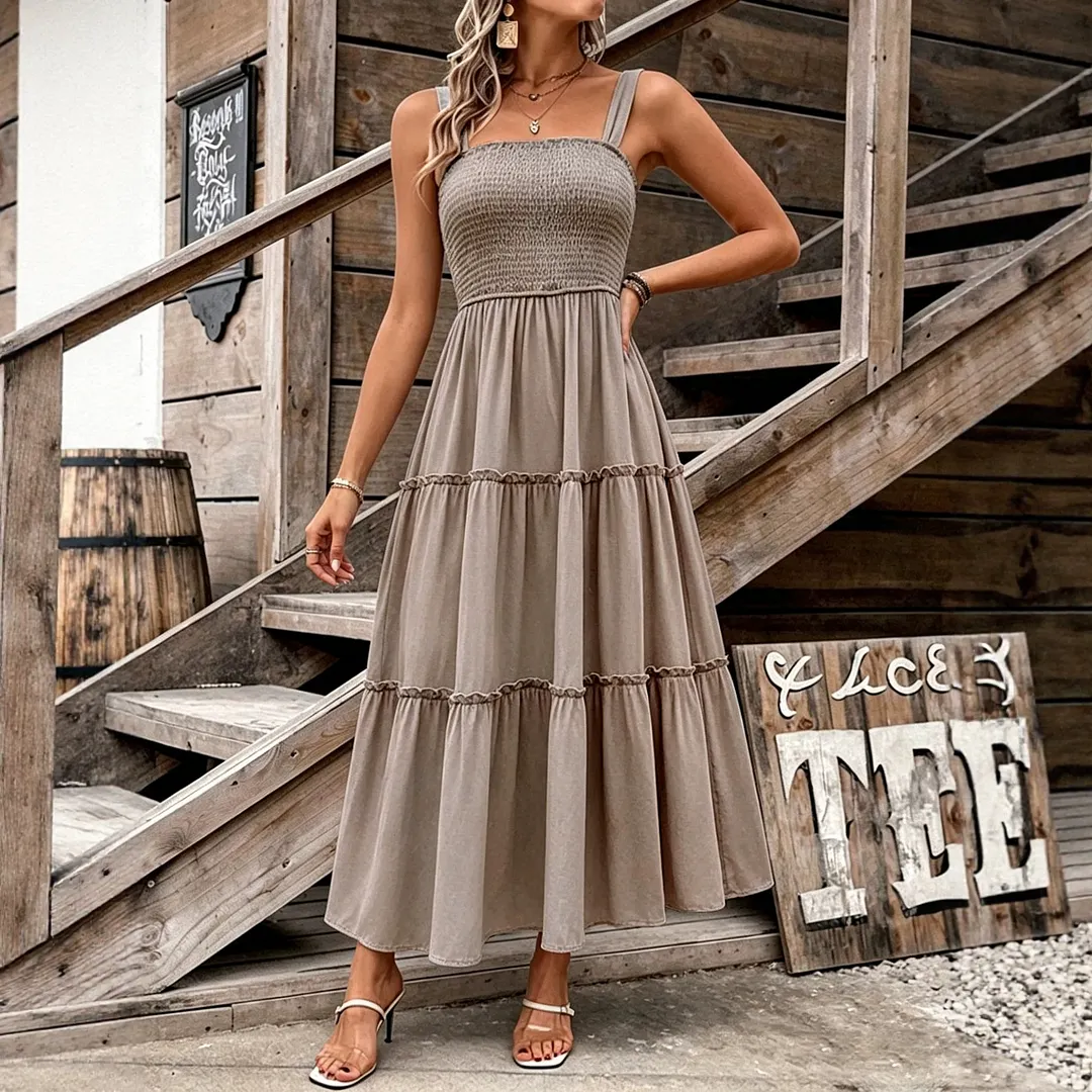 Women Square Neck Sleeveless Ruffle A-Line Dress