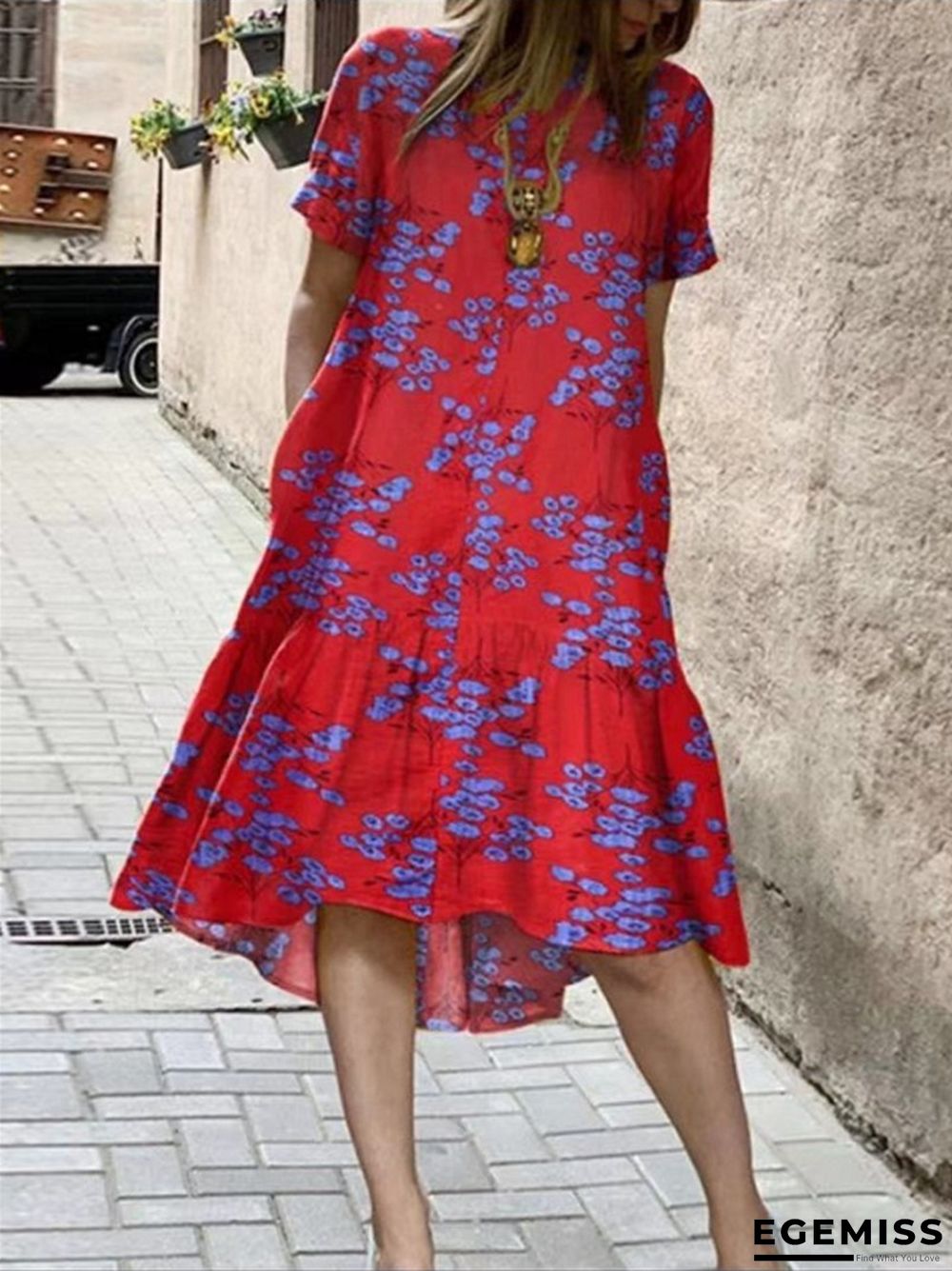 Flower Print Short Sleeve Plus Size Dress | EGEMISS