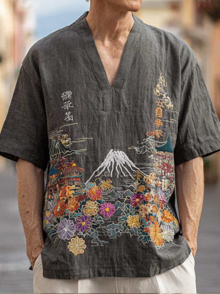 Japanese-style Mount Fuji Residence Pattern Embroidered Flower Gray V-neck Men's Short-sleeved Shirt  artssus