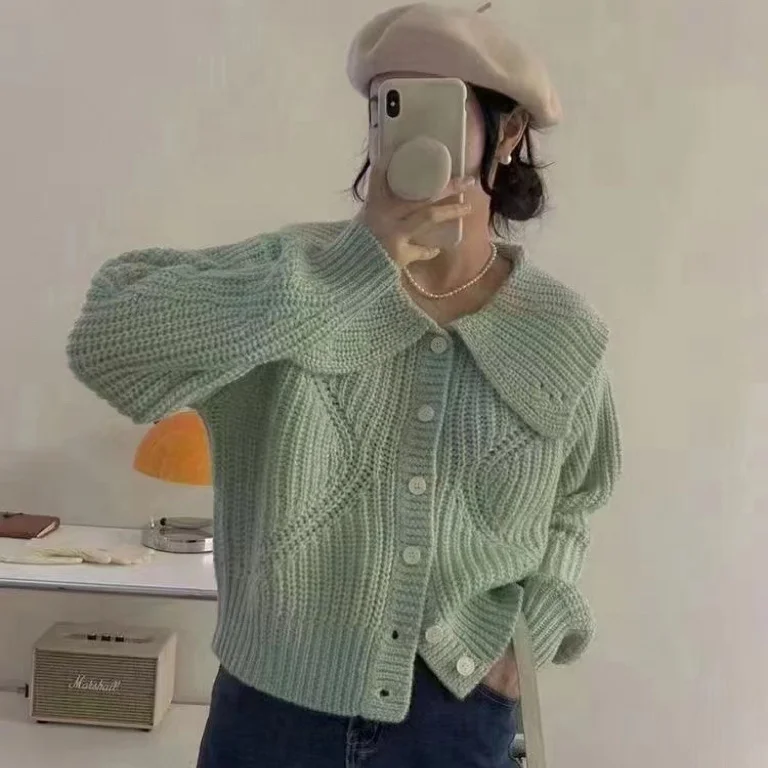 Ueong Autumn And Winter New Loose Korean Version Short-Style Cardigan Female Cardigan With Large Lapel And Coarse Knitted Jacket