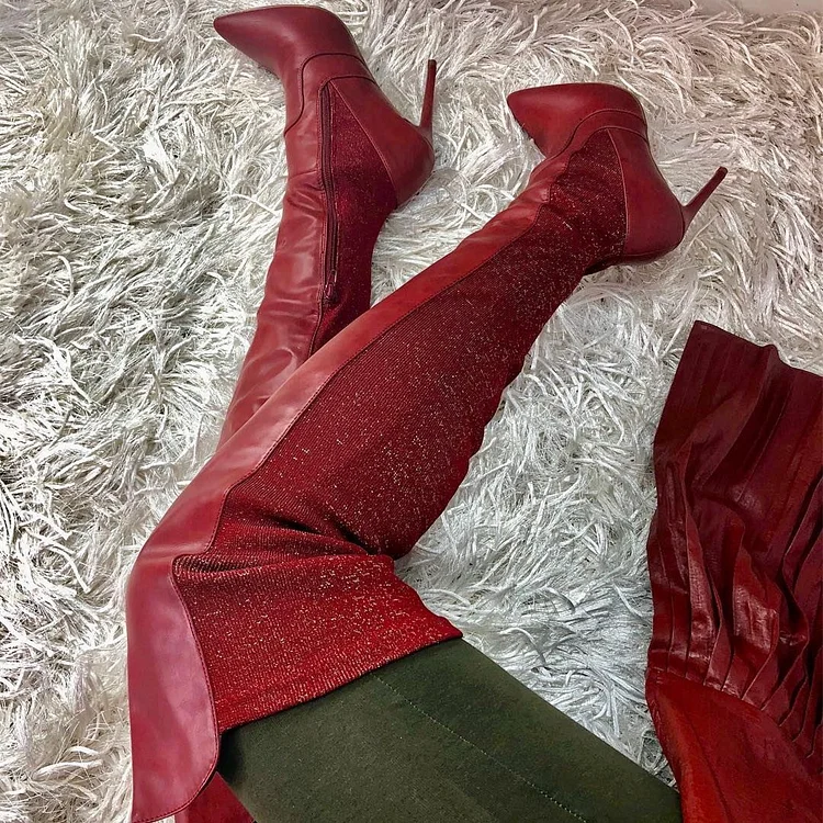 Dark Red Thigh High Heel Boots for Women |FSJ Shoes