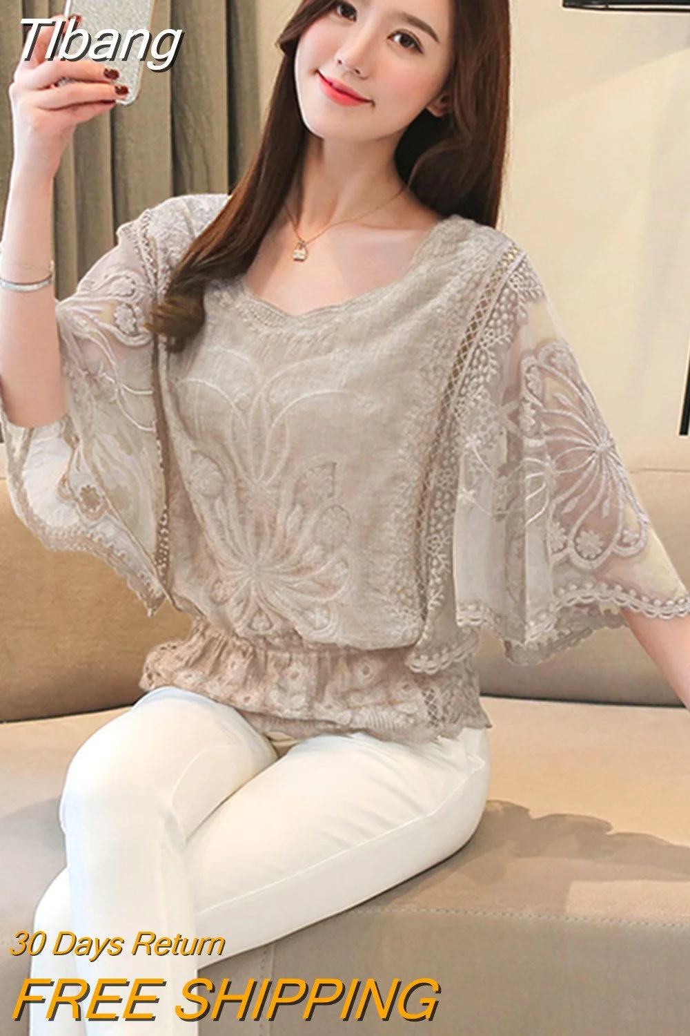 Tlbang Butterfly Flower Half Sleeve Shirt Women Elegant Fashion Chiffon Blouse Summer Cotton Edge Lace O Neck Loose Shirt 4073 50