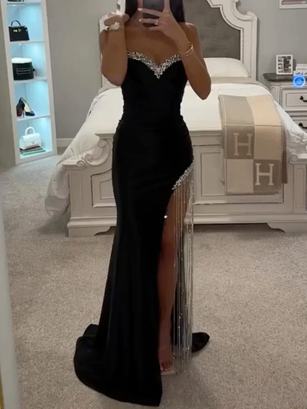Shiny Sequinned tasseled Sleeveless spaghetti-Neck split-side evening Maxi Dresses