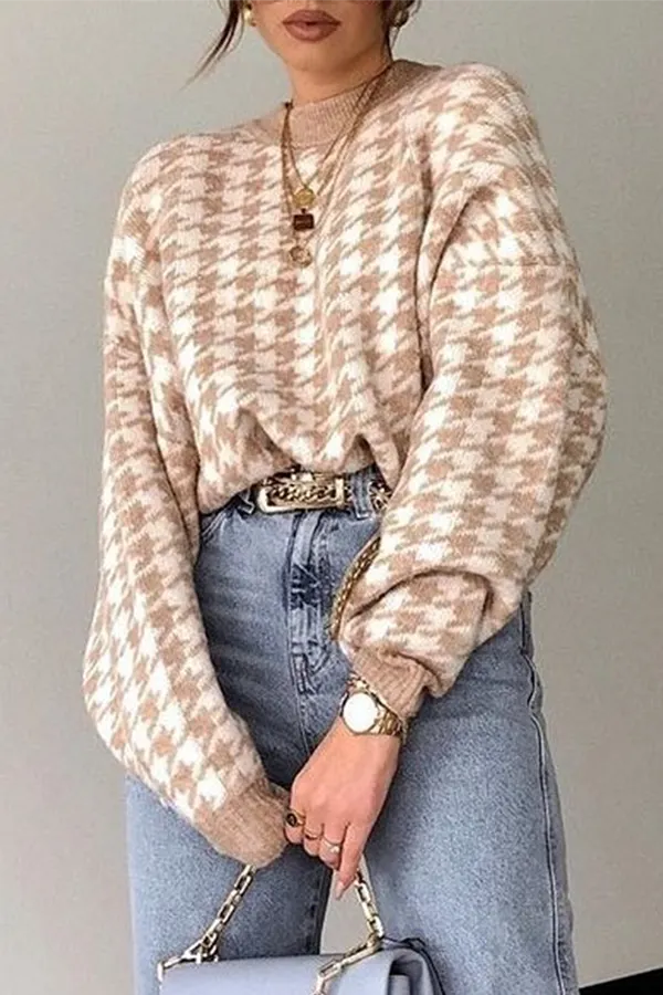 Fashion Street Geometric Patchwork Contrast O Neck Sweater(3 Colors)