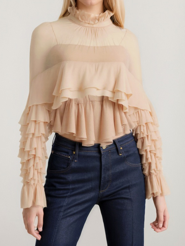 High-low Ruffled Long Sleeve High Neck Back Ties Blouse