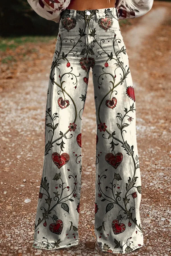 Women's Retro Floral Heart Casual Wide Leg Pants