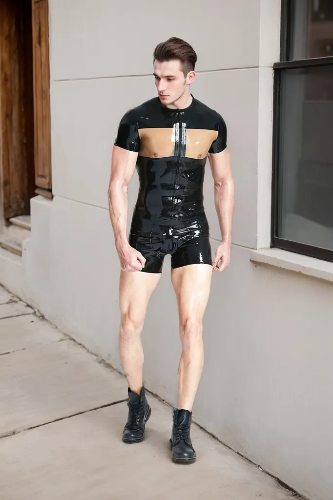 Men's Black Latex Bodysuits Male Windows Short  Sleeved Short  Legged Surfsuit Sports Style Series Bodysuits