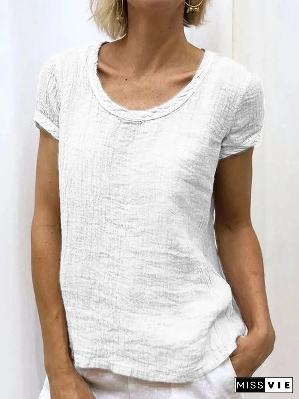 Women Casual Linen Cotton Plain Short Sleeve Blouses