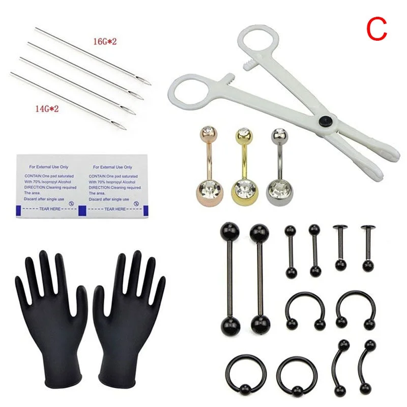 Body Piercing Kit With Needle Pack Nose Septum Belly Button Piercing Tool Kit Ear Tragus Nipple Eyebrow Labret Pircing Set Clamp