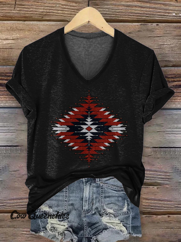 Women&rsquo;s V-neck Vintage Aztec Art Print Casual T-Shirt Multicolor / S