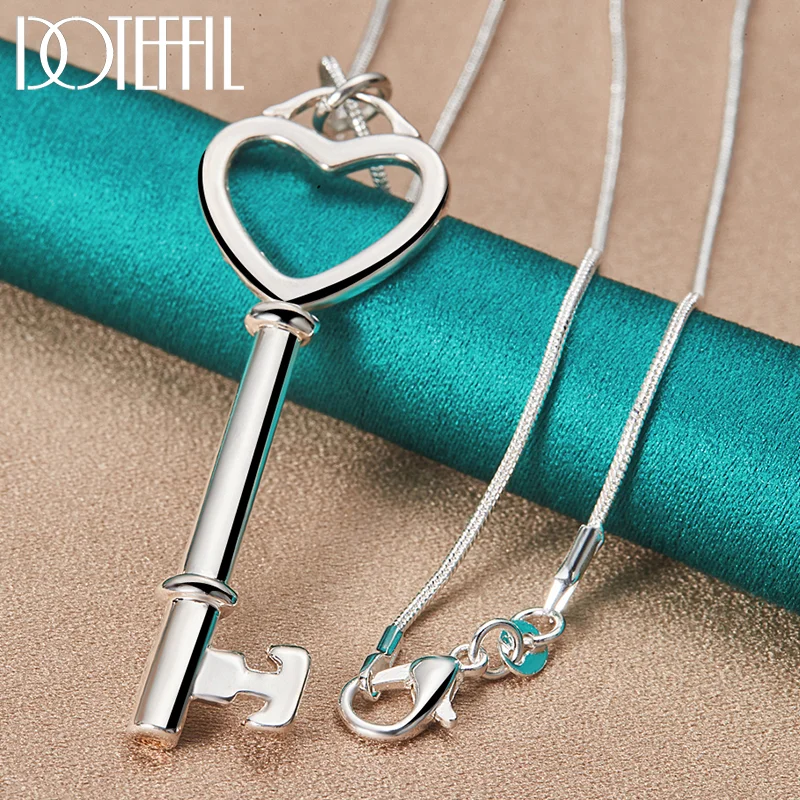 DOTEFFIL 925 Sterling Silver Heart Key Pendant Necklace 16-30 inch Snake Chain For Woman Jewelry