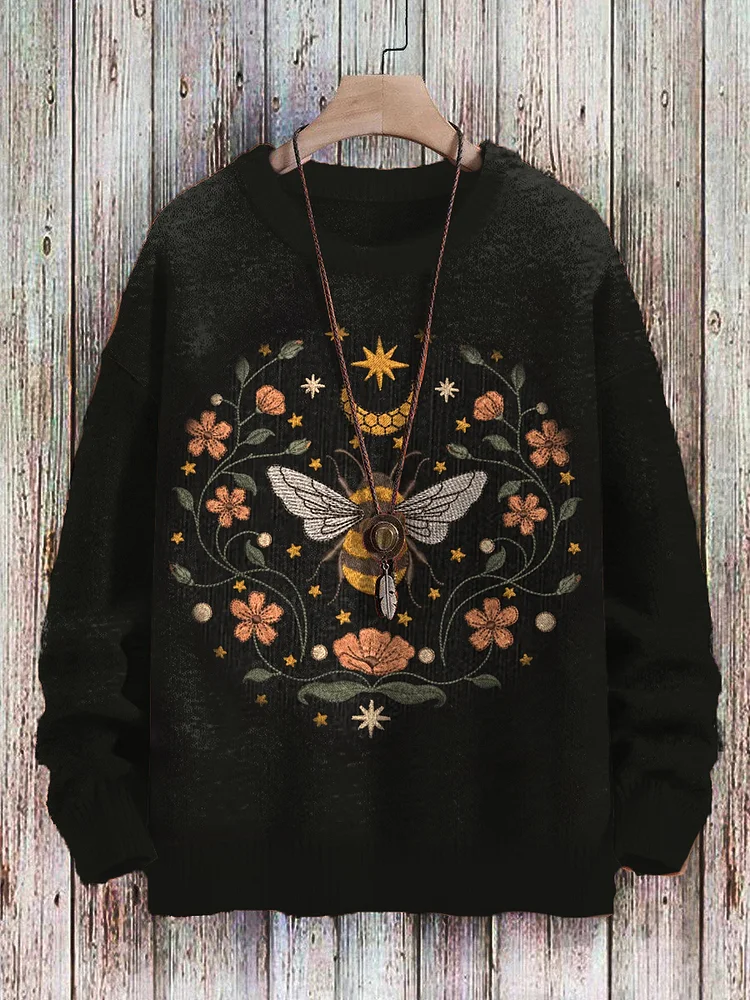 Men's Bee Moon Phase Flower Embroidery GoblinCore Art Print Sweatshirt