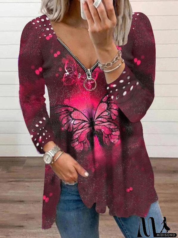 Women's T-Shirts V-Neck Zipper Pullover Pearl Print T-Shirt