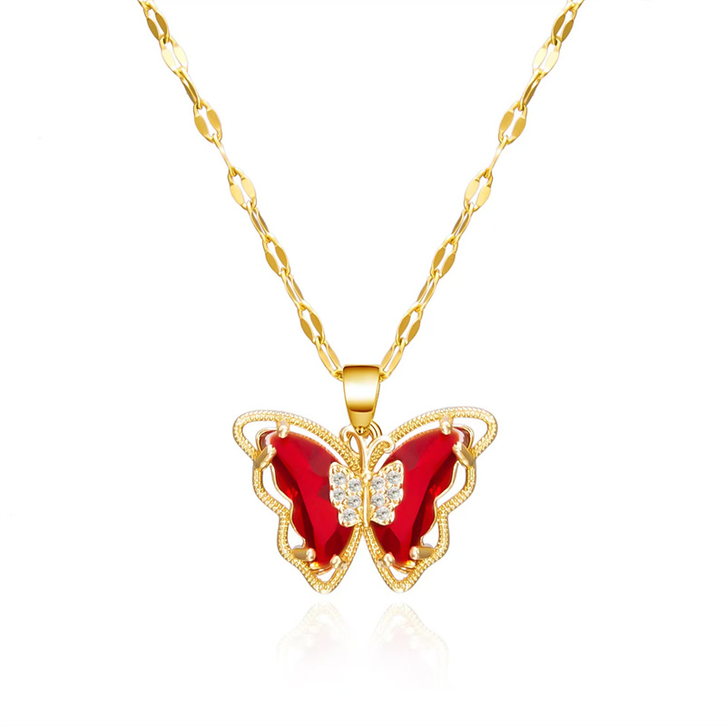 Stylish Hollow Titanium Steel Butterfly Necklace with Crystal Drop Decoration for Women