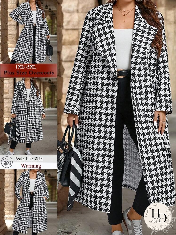 Plus Size Women Lapel Neck Plaid Wool Blend Jacket, Casual Daily Wear