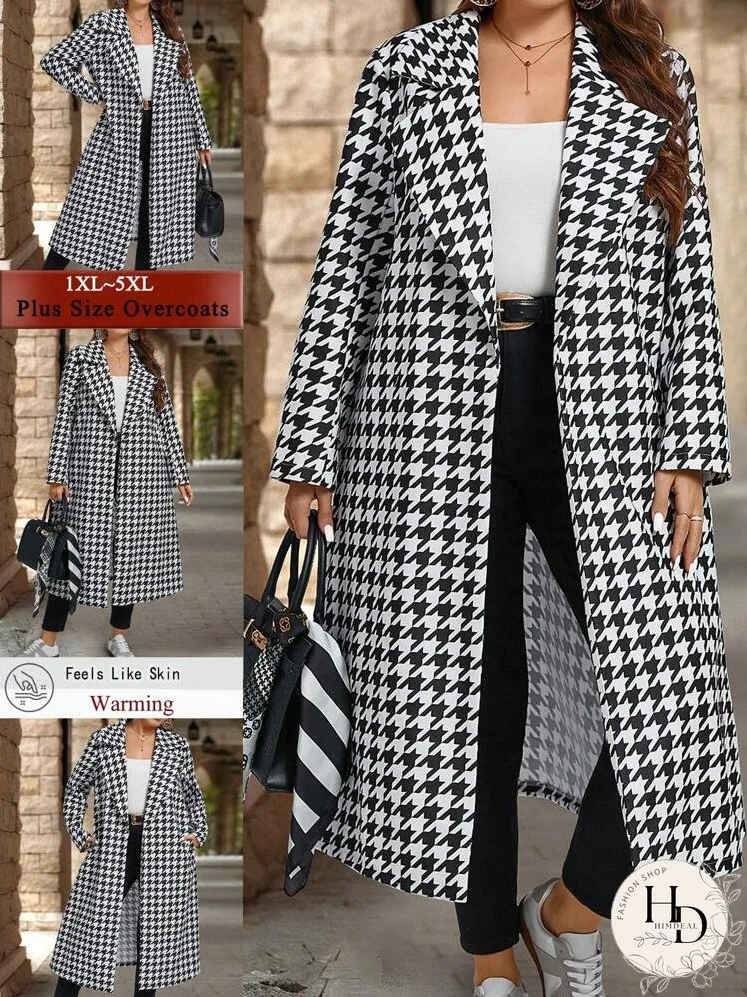 Plus Size Women Lapel Neck Plaid Wool Blend Jacket, Casual Daily Wear