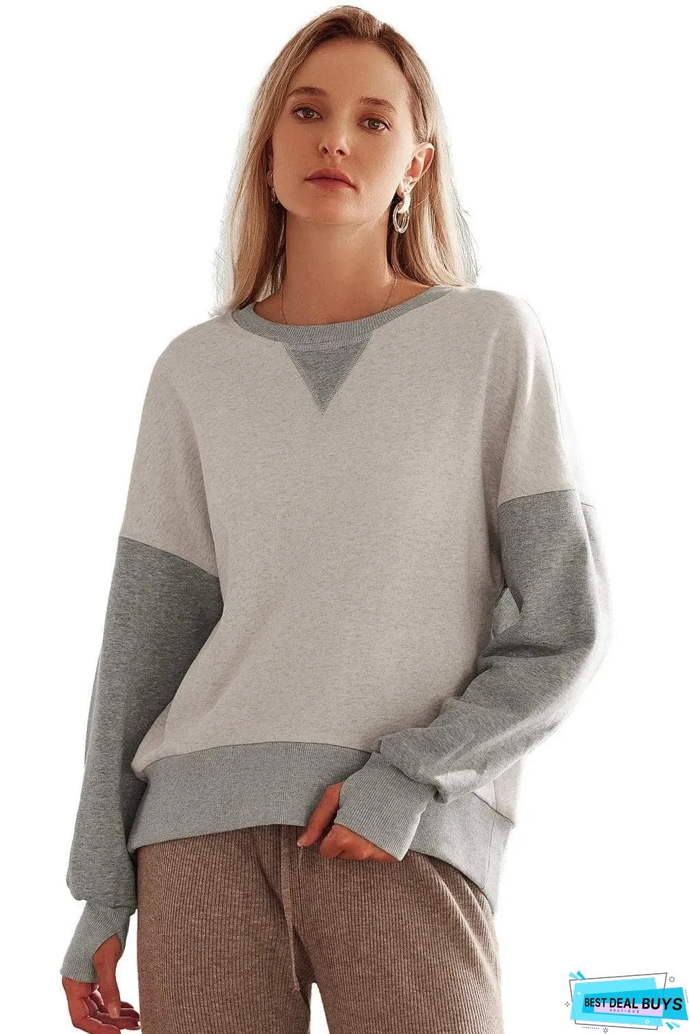 Light Grey Color Block Thumbhole Sleeve Drop Shoulder Sweatshirt