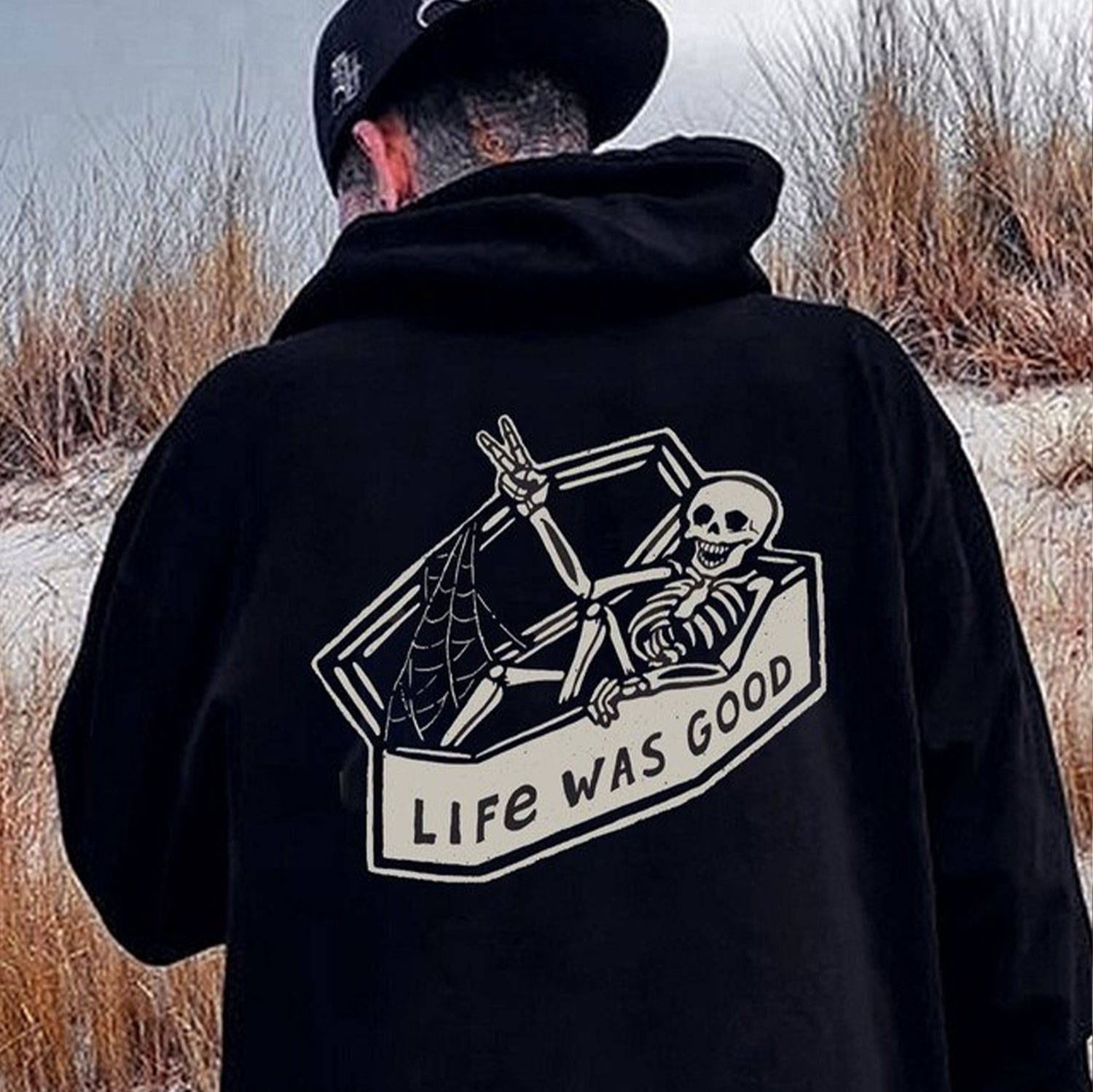 LIFE WAS GOOD Skull in Coffin Letter Graphic Black Print Hoodies