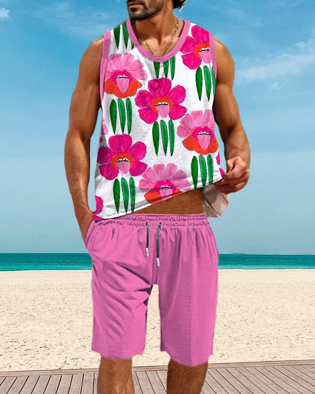 Men's Casual Resort Printed Vest Set 002