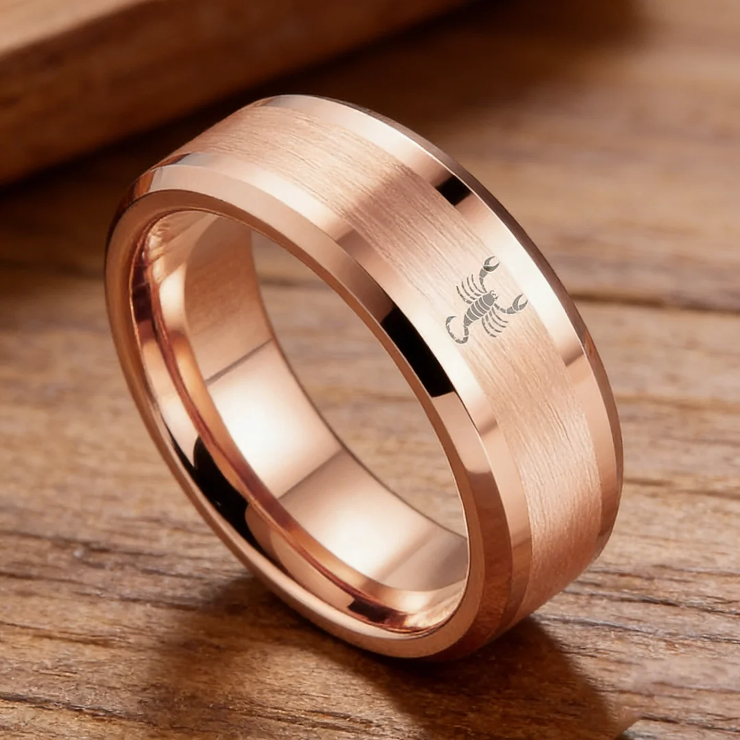 Rose Gold Scorpio Tungsten Wedding Rings Beveled Edges Rose Gold Laser Etched Couple Tungsten Carbide Ring 4MM 6MM 8MM Width