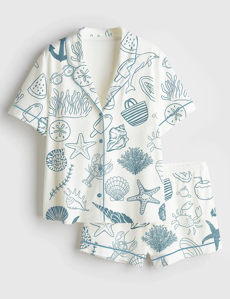 Women&rsquo;s Coastal Hand Drawn Beach Ocean Elements Summer Nautical Print Short Sleeve Satin Pajama Set