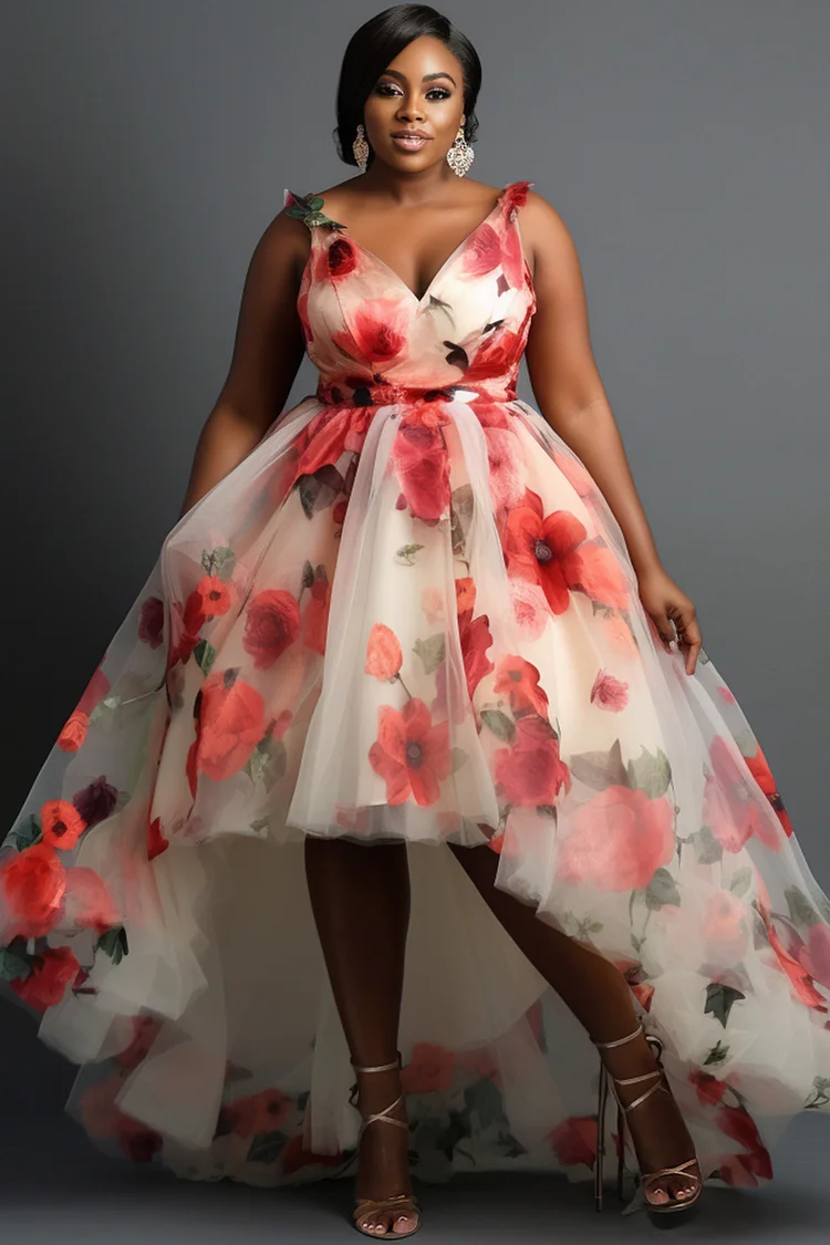 Xpluswear Design Plus Size Wedding Guest Red Floral V Neck Sundress High Low Hem Pocket Tulle Satin Midi Dresses [Pre-Order] 2024 - Xpluswear
