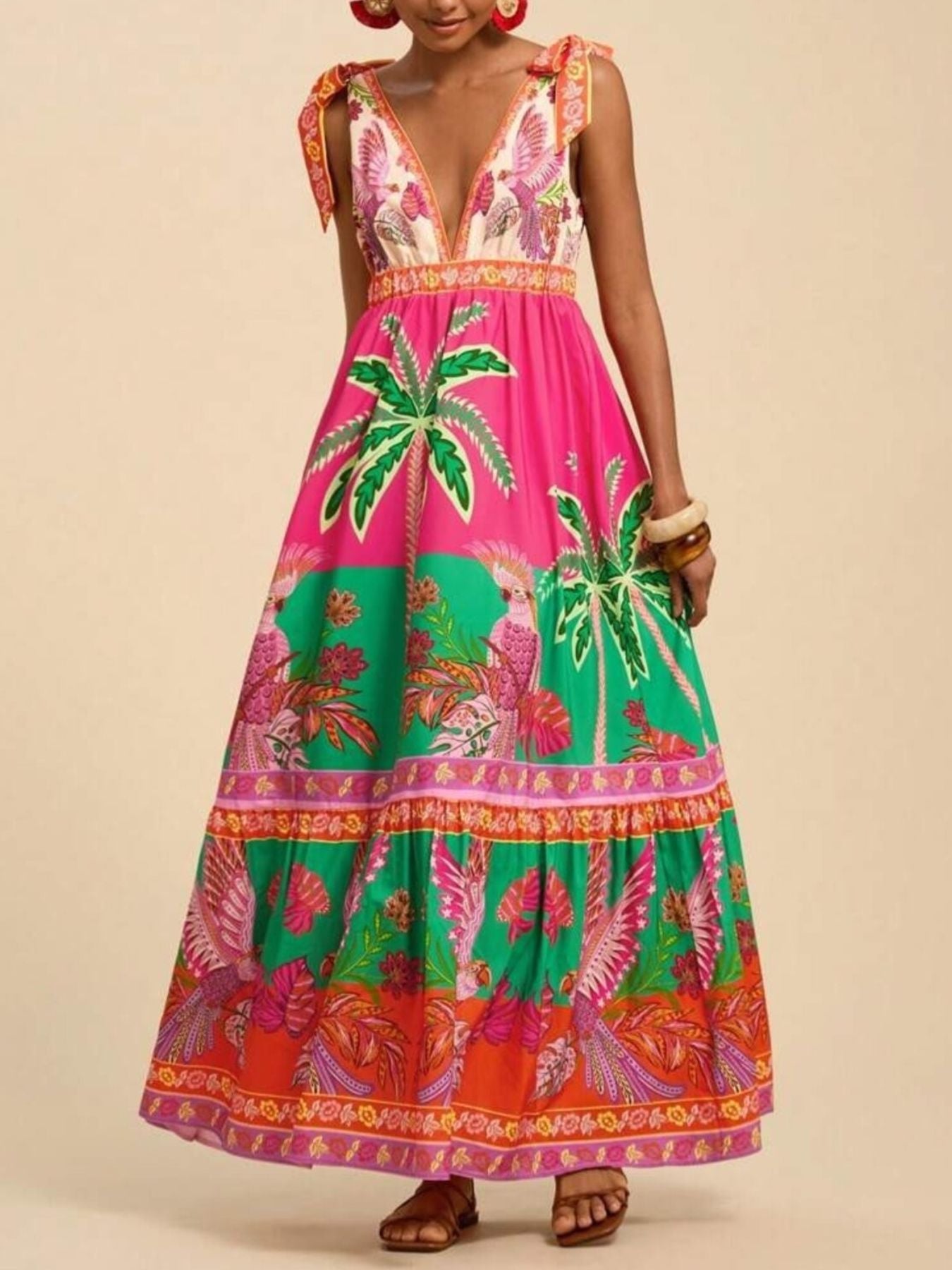 Tropical Print Tie-Shoulder Maxi Dress mysite idetrend