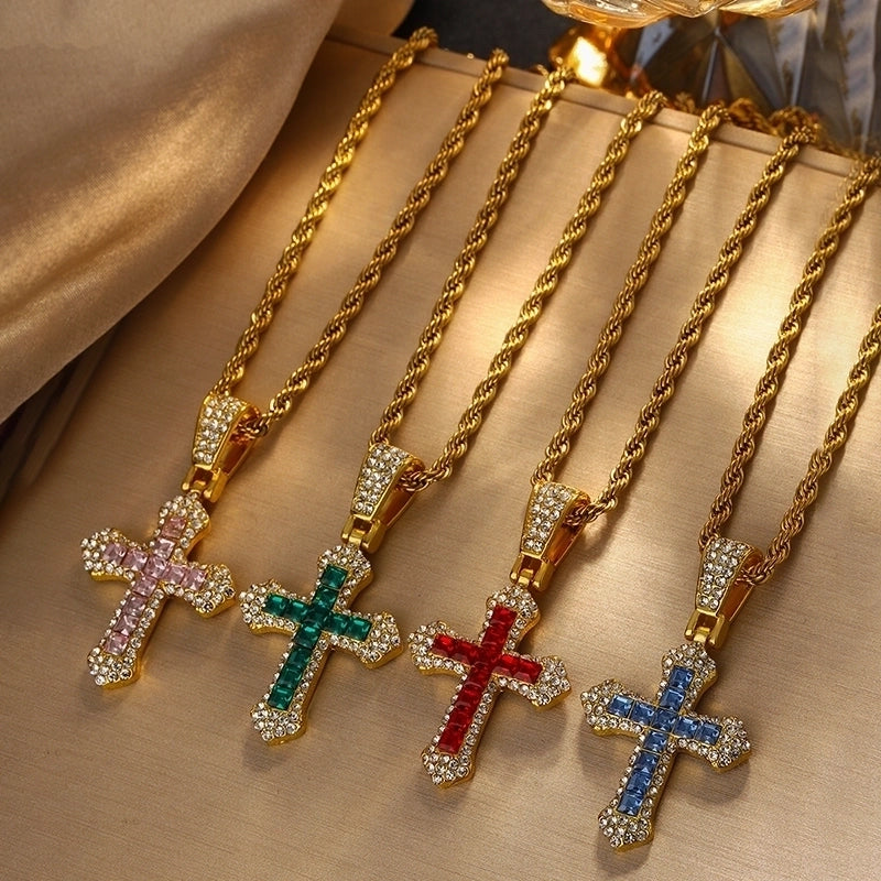 Minimalist Classic Style Cross 18K Gold Plated Artificial Rhinestones 304 Stainless Steel Zinc Alloy Rope Chain Pendant Necklaces