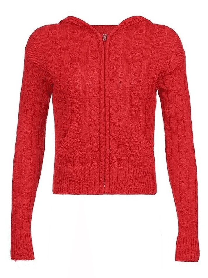 Brownm Hooded Cable Knit Cardigan