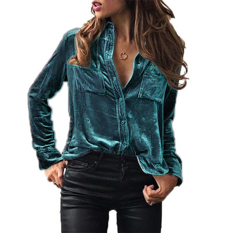 Women's Fashion Solid Color Velvet Casual Long Sleeve Blouses & Shirts