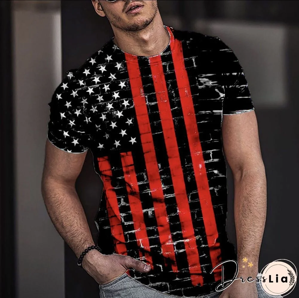 Flag 3D Printed Crew Neck Short Sleeve Street Trend