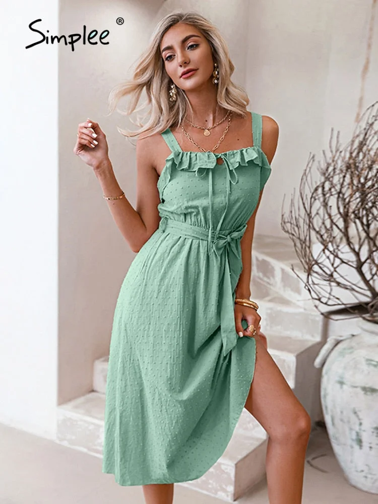 Simplee Cotton a-line straps lace up summer dress women White ruffle high waist long dress Square collar green pink vestido 2021