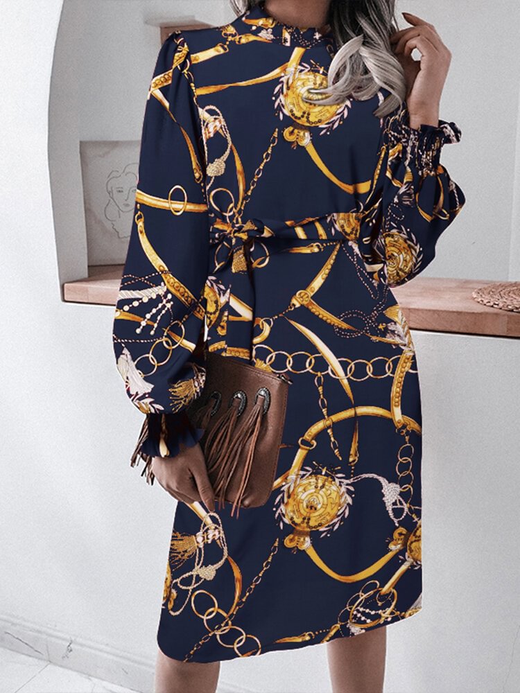 Chain Print Long Sleeve Stand Collar Dress With Belt