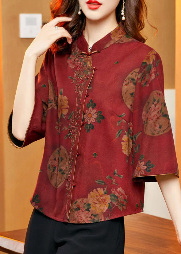 Red Oriental Silk Shirt And Wide Leg Pants Two Piece Set Button Summer