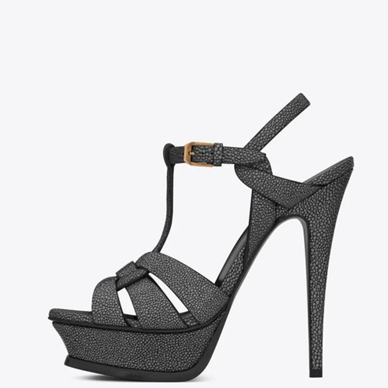 TAAFO Silver Platform Stiletto Women Sandals High Heels Patent Buckle Strap Shoes Plus Size 14 16 Ladies T-Strap