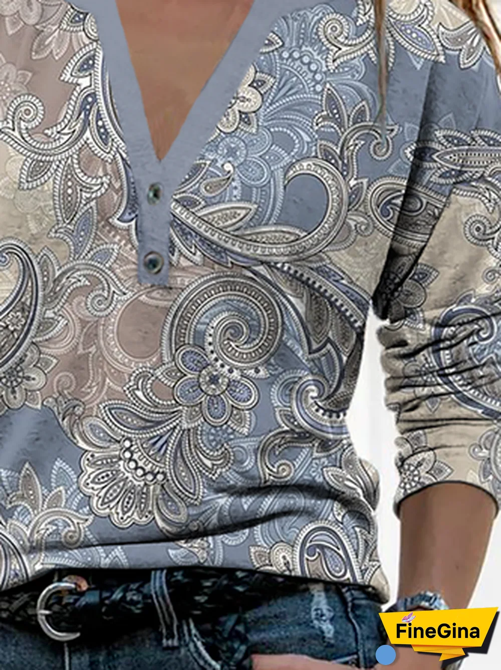 Women Casual Paisley Autumn Daily Jersey Best Sell Long sleeve Notched Regular Size T-shirt