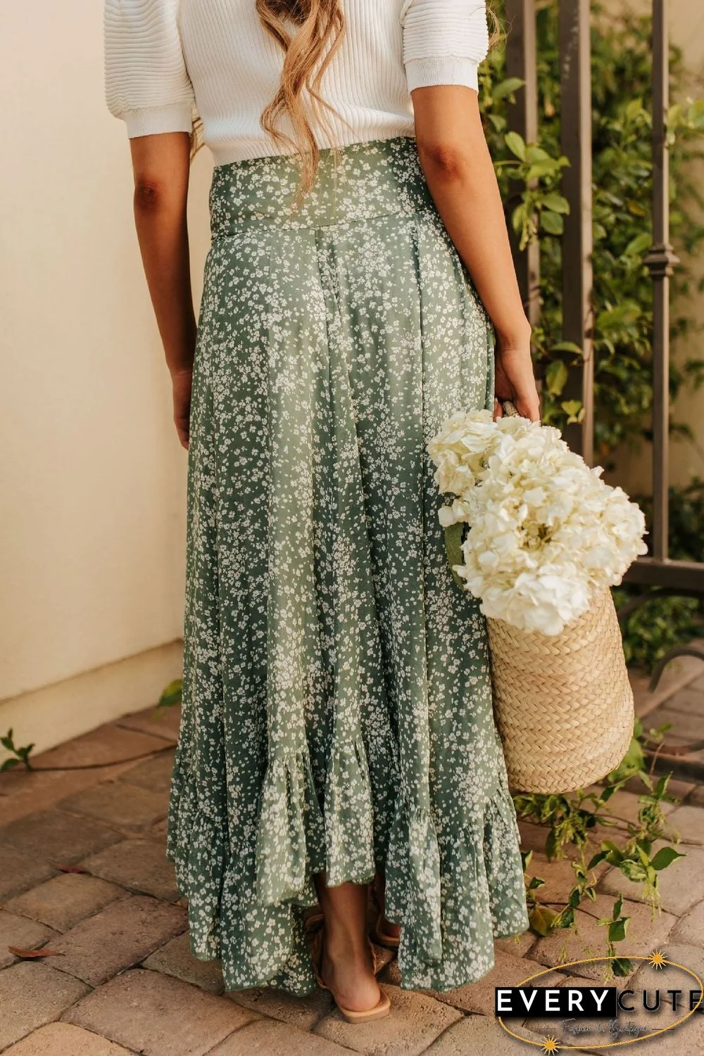 Floral Asymmetric Flounce Belted Maxi Skirt