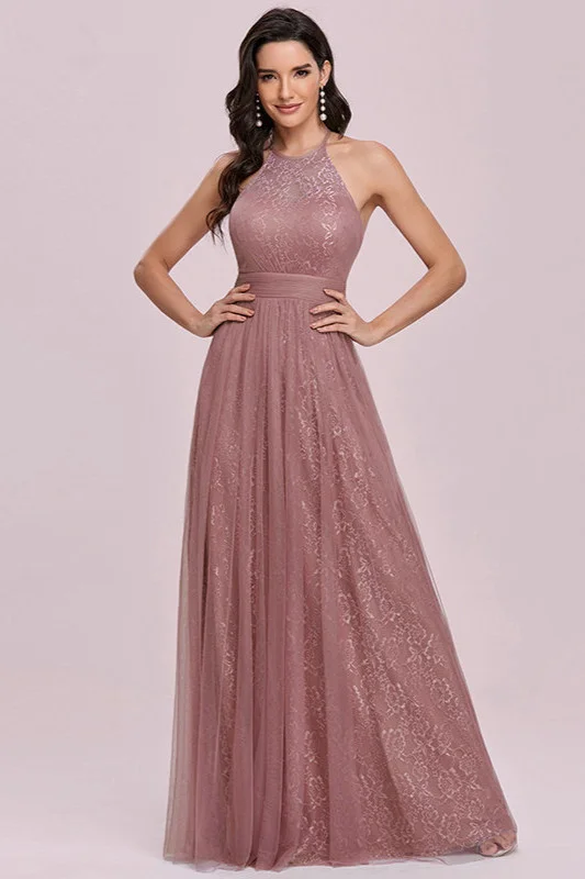 Dusty Pink Halter Lace Long Prom Dress - lulusllly