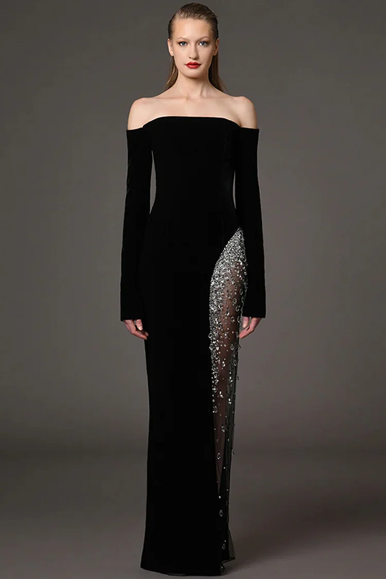 Off Shoulder Mesh Rhinestone Maxi Dress-Black