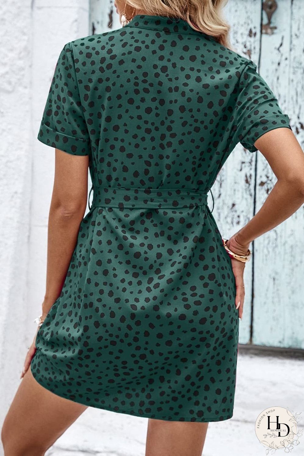 Dotted Short Sleeve Tie Belt Dress