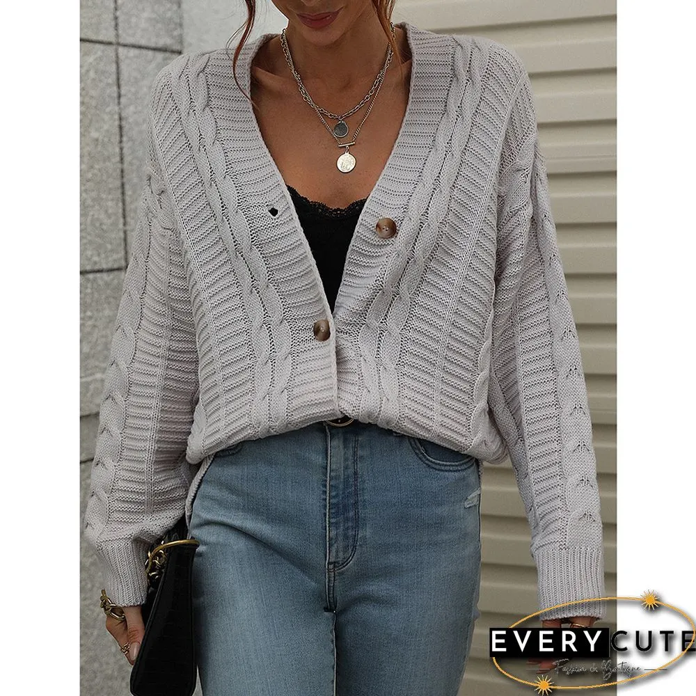 Light Gray Button Loose Cable Knitted Cardigan