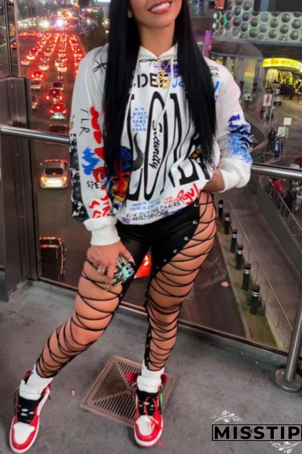 Plus Size White Casual Print Graffiti Basic Hooded Collar Tops