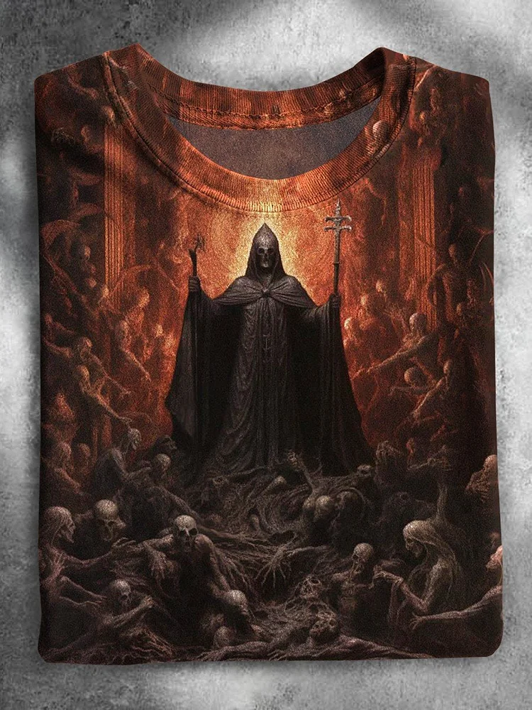 Grim Reaper Ritual Undead Skeleton Halloween Casual Print T-shirt