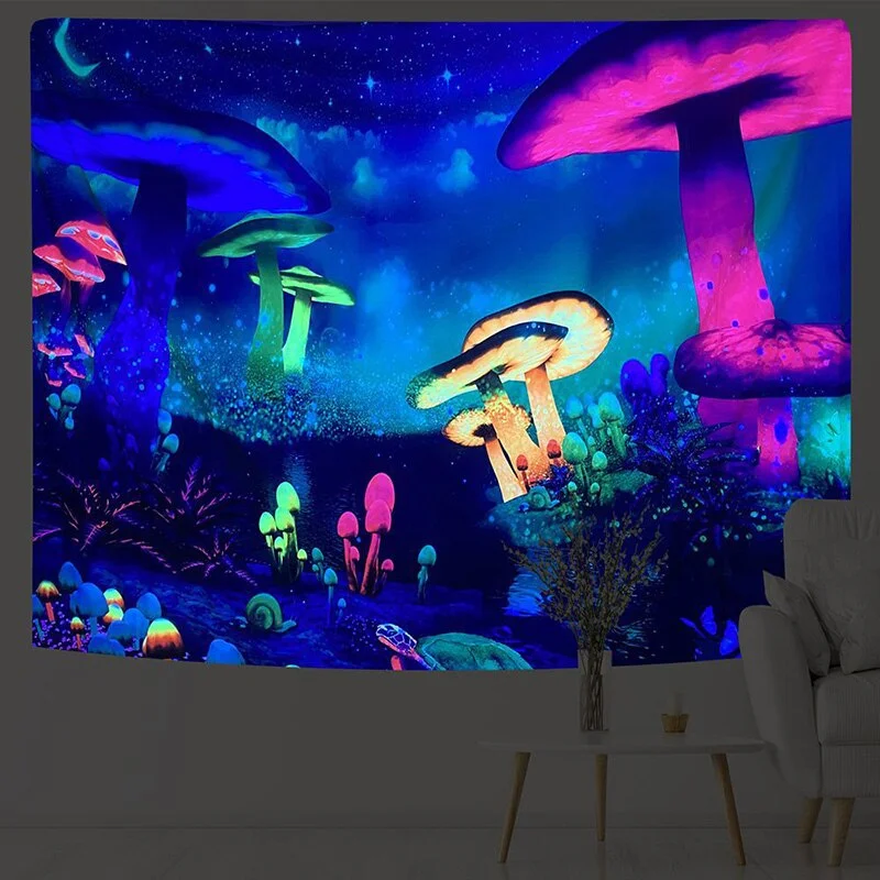 3m*1.8m Fluorescent Tapestry Psychedelic Mushroom Jellyfish Hanging Cloth Home Wall Decoration Glow Under Ultraviolet Light